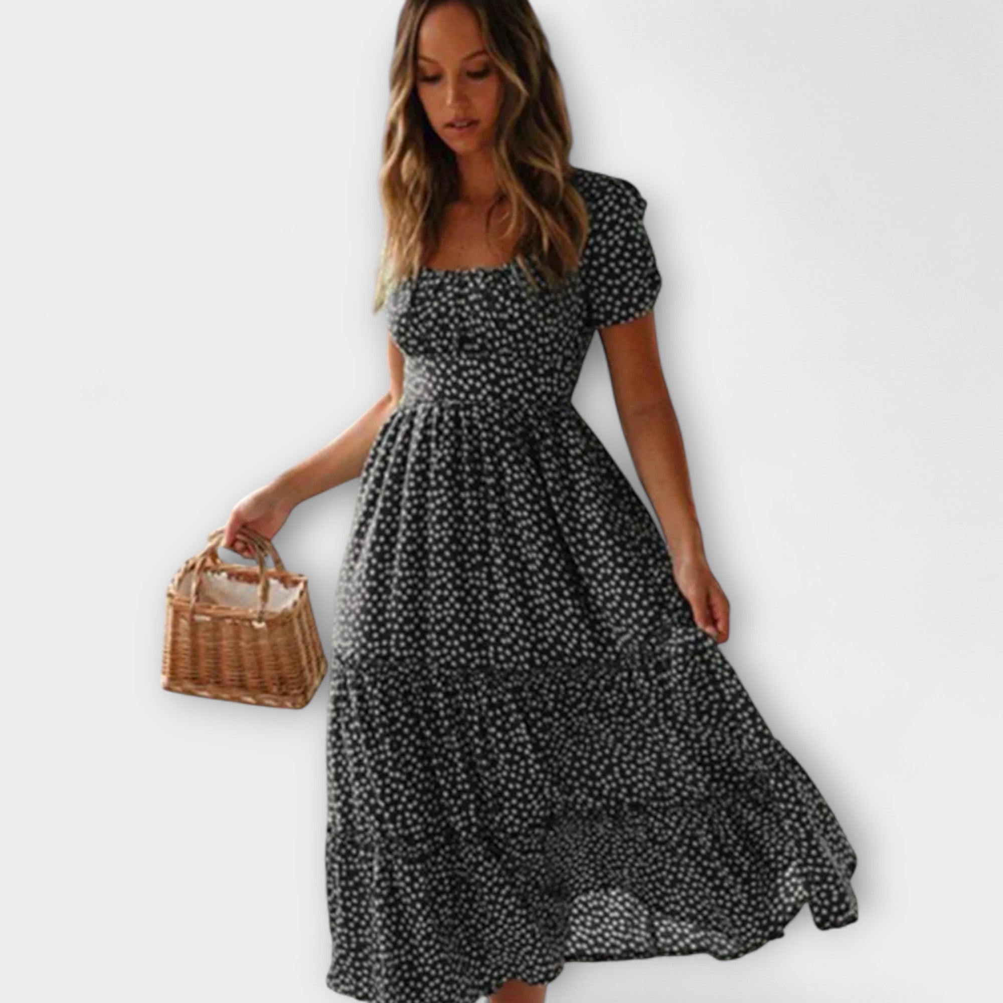 Vintage cvetlični vzorček maxi oblek s puff rokavi