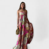 Šik Retro Brezramenska Plisirana Maxi Obleka