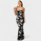 Thalia - Obleka za ples z cvetličnim potiskom in zavezanimi naramnicami