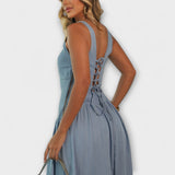 Lux - Obleka brez naramnic v denim modri